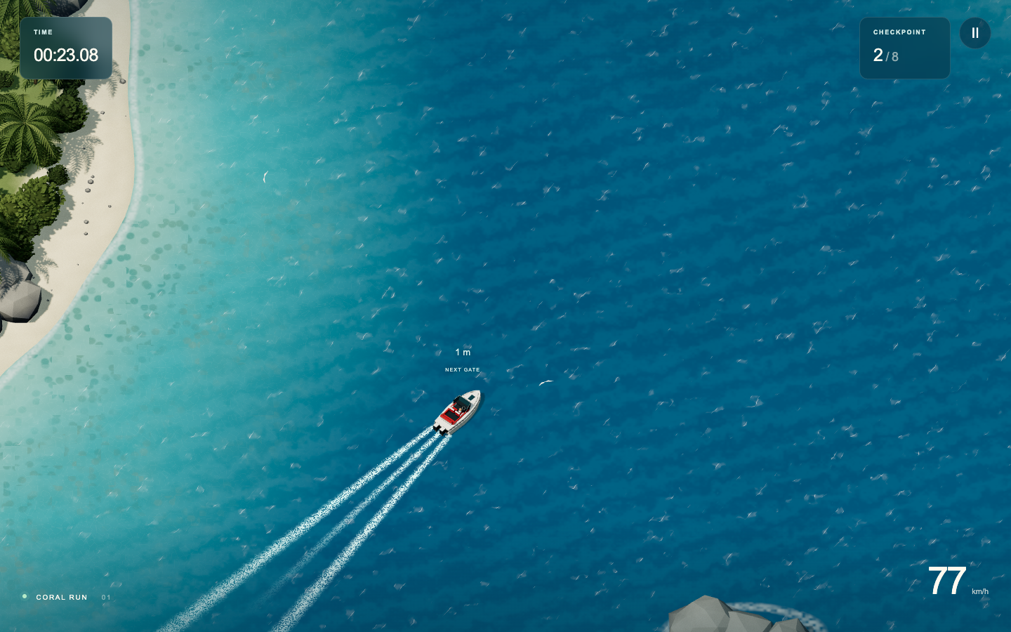 Speedboat racing across turquoise water past tropical islands